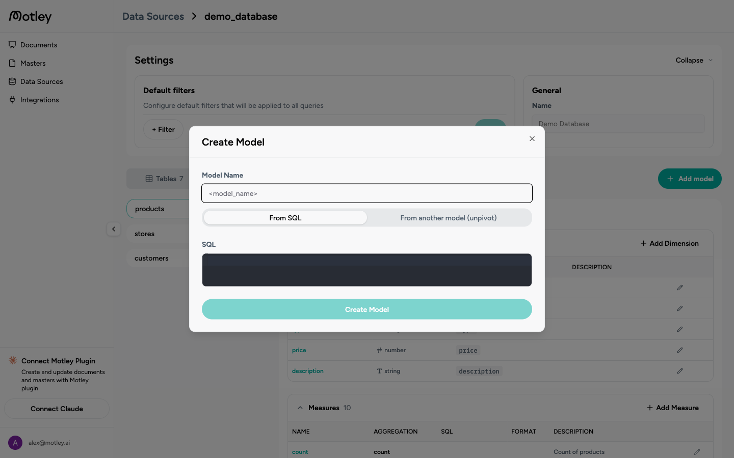 Create Model dialog with the From SQL mode active and a SQL editor