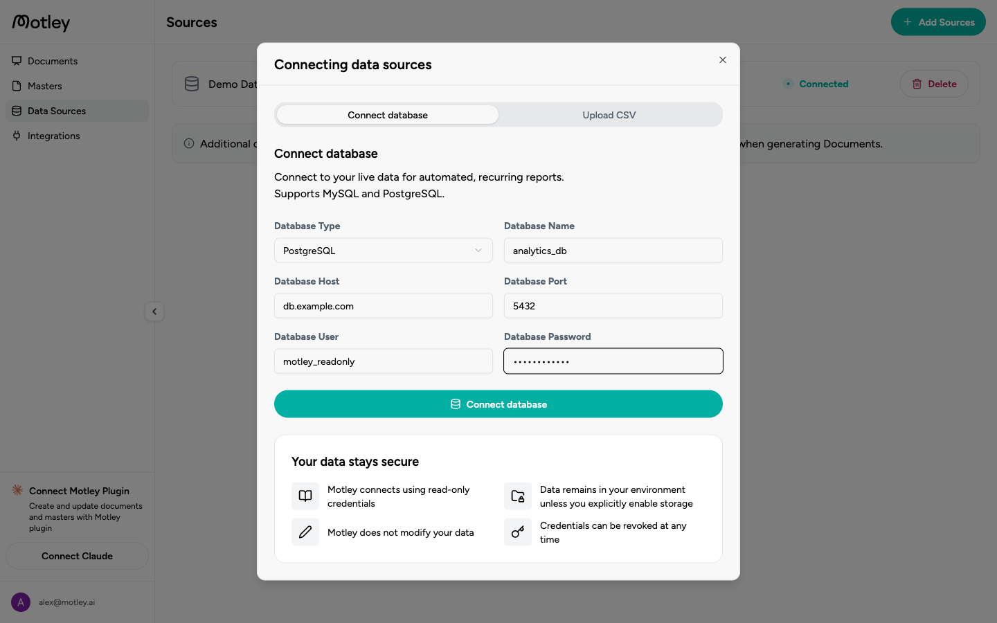 Add Sources dialog with the Connect database tab, fields filled with sample connection details