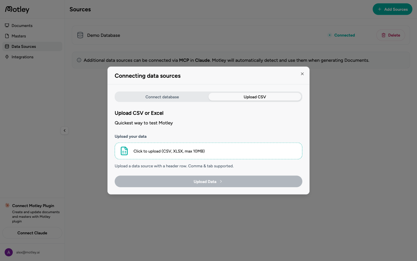 Add Sources dialog with the Upload CSV tab, showing the drag-and-drop upload area