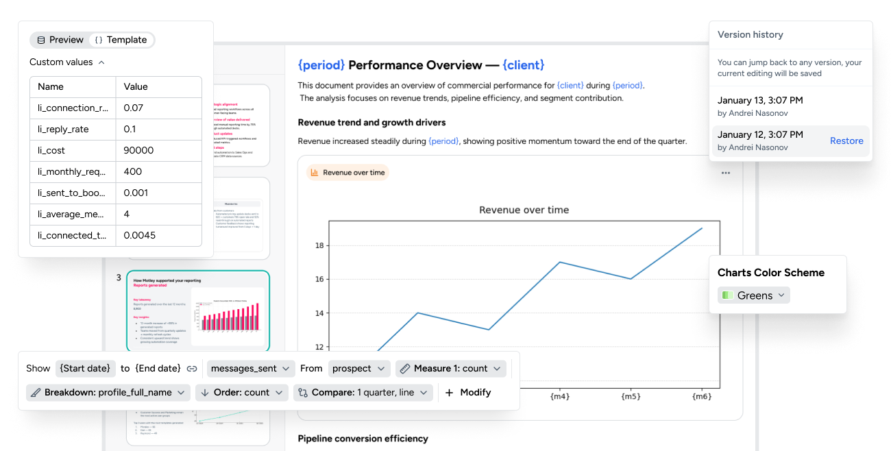 Masters: a document template with custom parameters on the left, a generated document in the centre, and version history on the right