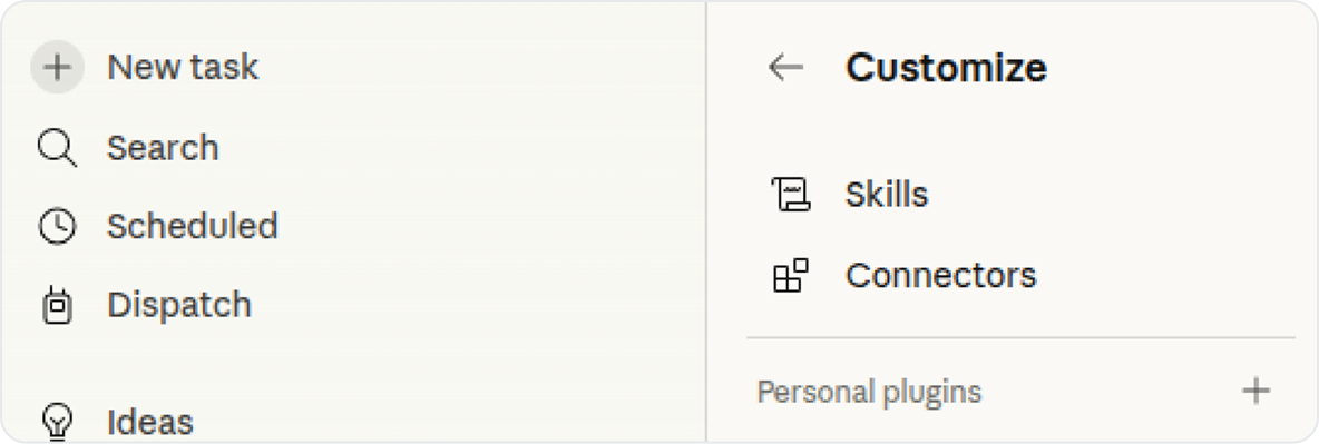 Claude Customize menu with Personal Plugins section and Add marketplace option