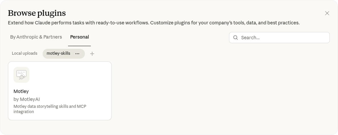 Plugin directory with Personal tab selected, showing motley-skills
