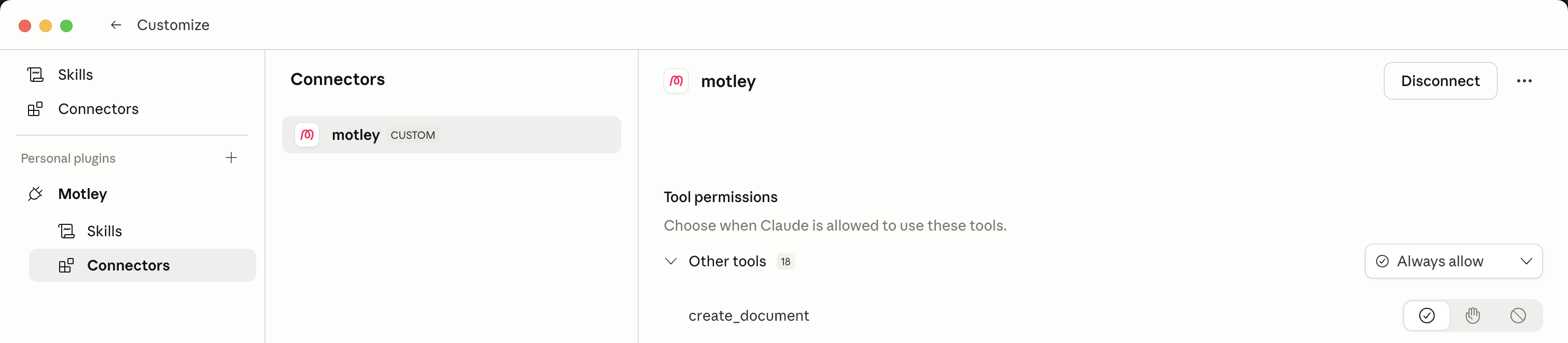 Motley connector showing as Connected with Always allow permissions