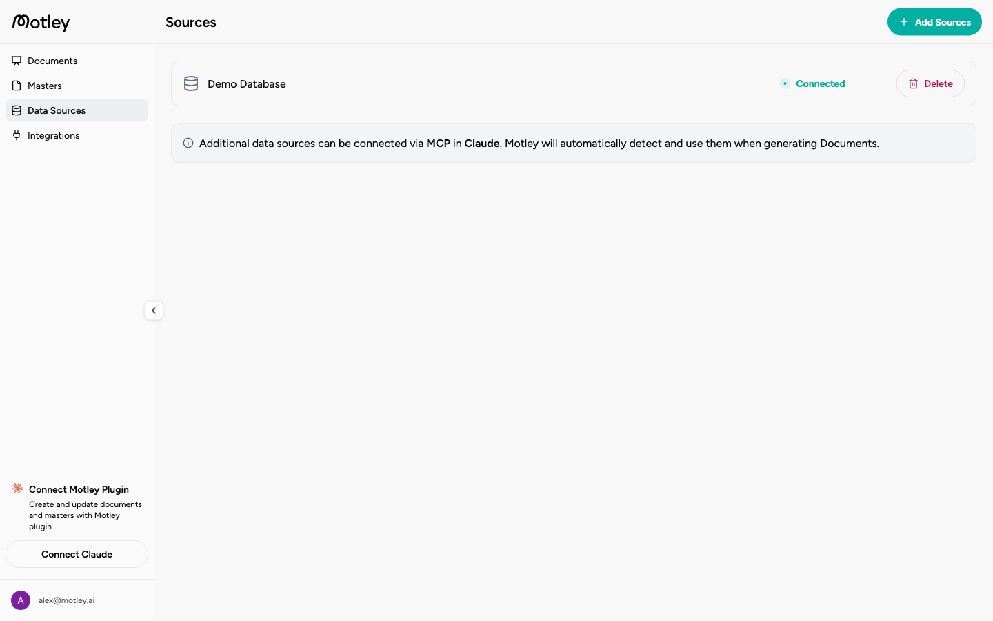 Sources page showing a connected database source with its ingestion status