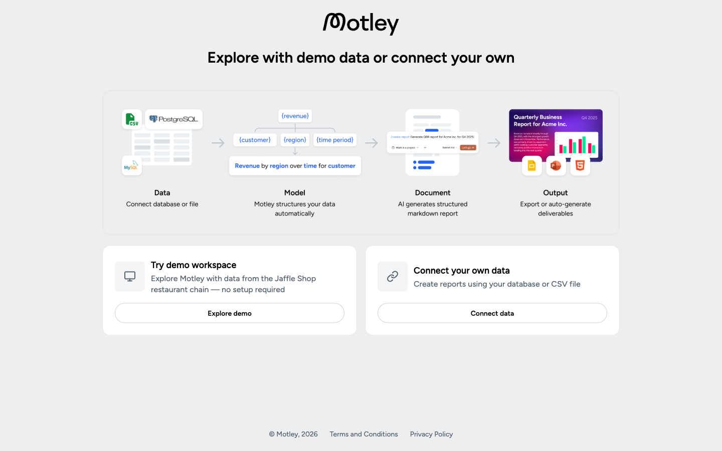 Motley welcome screen with two options: "Explore demo" and "Connect your own data"
